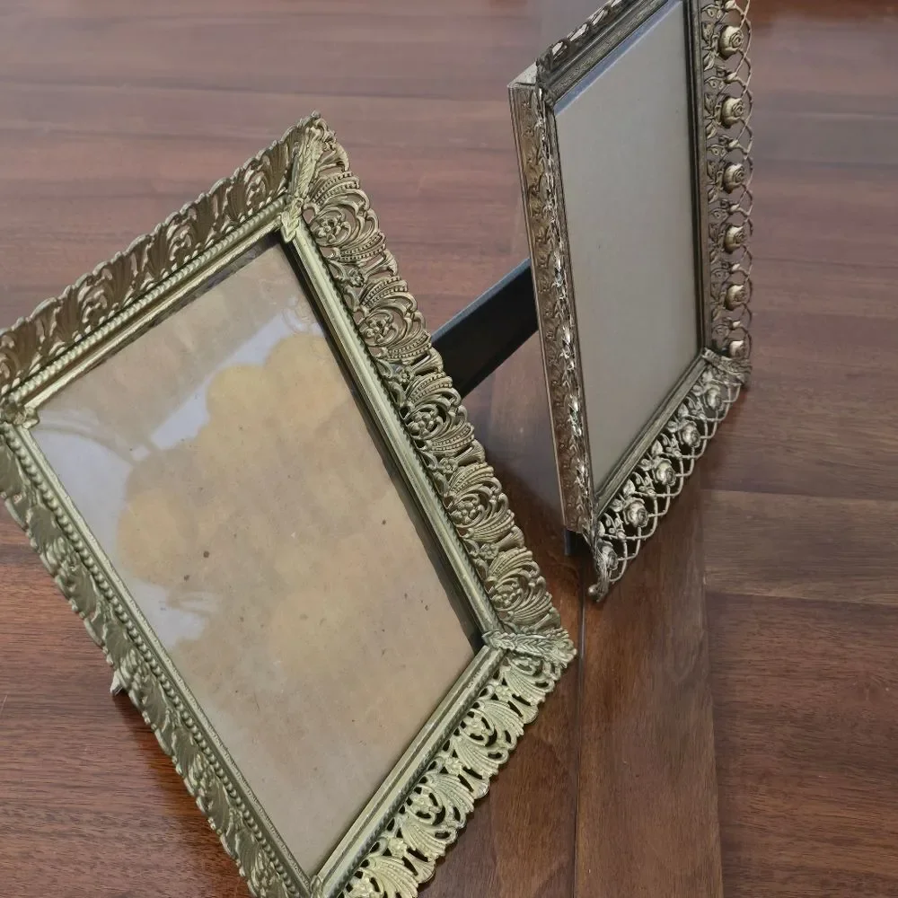 Vintage Ornate Brass Photo Frame Set Gold Tone MCM Filigree‎ Flowers Easel